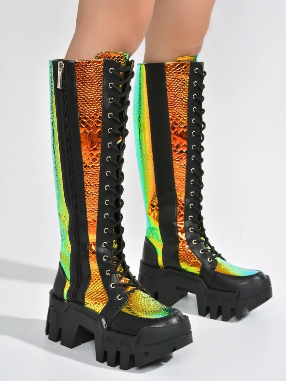 New Iridescent Lace-Up Knee High Moto Combat Boots Lug Sole Platform Block Heel - Picture 2 of 4